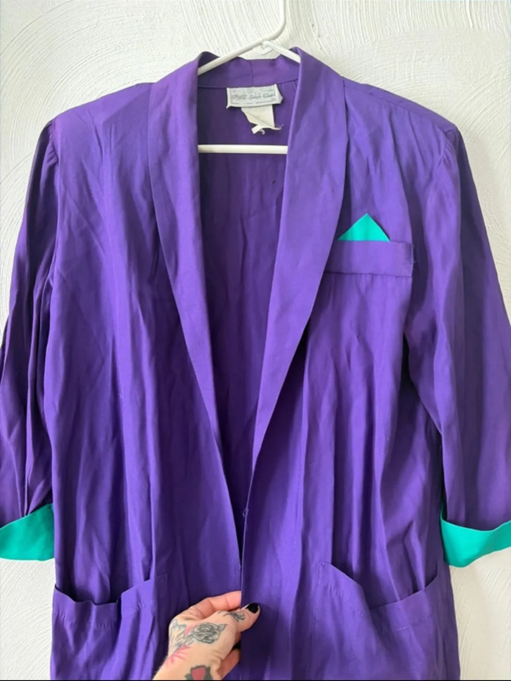 Purple Open-Front Blazer with Teal Trim